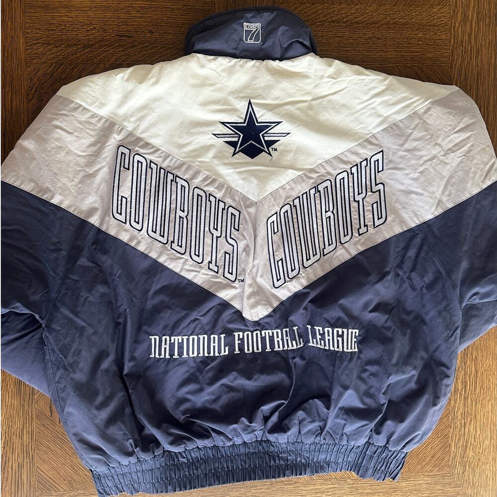 Vintage 90s Dallas Cowboys Logo 7 Puffer Jacket XL NFL Navy Blue Silver White